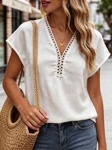 SHEIN Holidaya EMERY ROSE Breezaya Women's Off-White Summer Casual Vacation V-Neck Shirt,Elegant Spliced Lace Trim Bamboo Texture Drop Shoulder Blouse Commute Tops - White - View 6