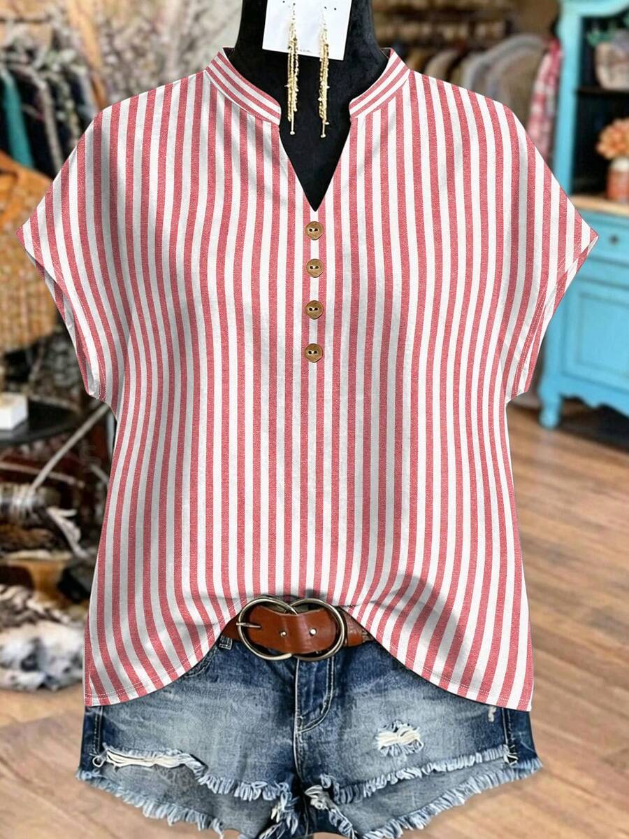 EMERY ROSE Plus Size Women Striped V-Neck Blouse With Cutout Sleeves, Minimalist Commuter Style - Multicolor - View 1