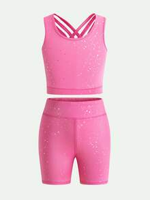 SHEIN 2件套女童纯色针织吊带背心和短裤运动服套装 - 玫紅色 - 查看 14