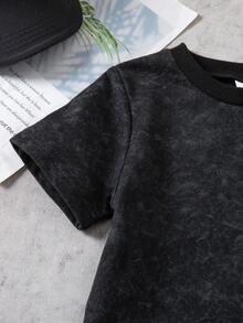 SHEIN Genkimix Kids 男童休闲纯色T恤+短裤两件套，适合日常、上学、旅行、户外玩耍、夏季穿着。 - 灰色 - 查看 7