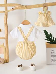 SHEIN Baby Boy's Pastel Yellow Summer Casual Outfit Cute Striped One-Piece Pullover With Bear Embroidery Adjustable Straps & Matching Ear Stud Hat Vacation - Yellow - View 2