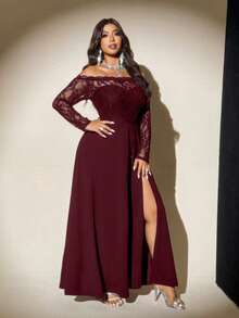 Viva Relle Sexy Fitted Off Shoulder Mesh Long Sleeve Plus Size Dress - Red - View 6