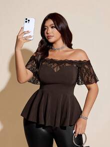 Viva Relle Plus Size Sexy Lace Patchwork Off Shoulder Black Slim Fit Blouse - Coffee Brown - View 1