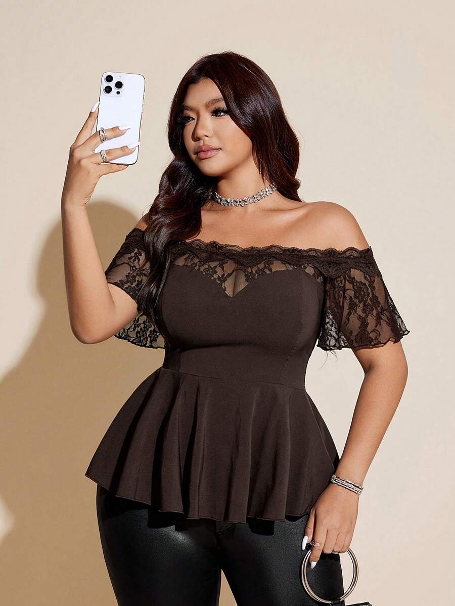 Viva Relle Plus Size Sexy Lace Patchwork Off Shoulder Black Slim Fit Blouse - Coffee Brown - View 1