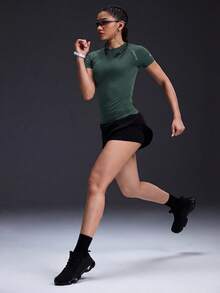 Powerista 女士休闲运动反光条纹短袖T恤 - 軍綠色 - 查看 5