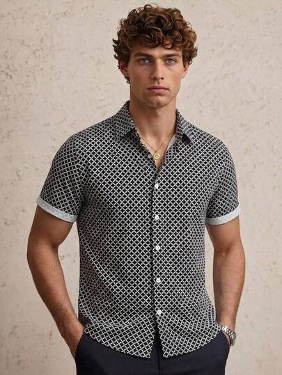 Manfinity CityGents Men's Geometric Pattern Short Sleeve Shirt , Button Up Graphic Plaid Work Casual