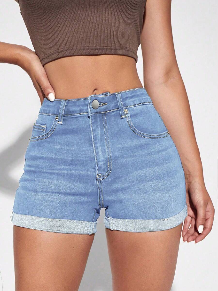 Flexra Quần short denim nữ cỡ lớn dáng ôm, túi xéo, thích hợp cho mùa hè. - Rửa trung bình - Xem 1