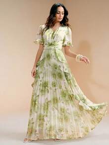 SHEIN Đầm dài tay dài cổ chữ V, thiết kế xếp ly eo, chất liệu vải dệt in kỹ thuật số, kiểu dáng thường ngày dành cho nữ. - màu xanh lá - Xem 5