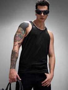 Zorclune Men Solid Ribbed Knit Tank Top - Black - View 1