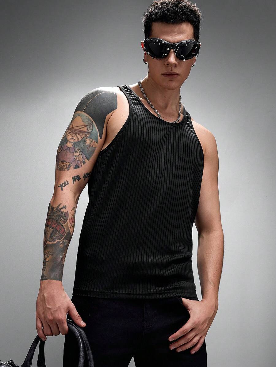 Zorclune Men Solid Ribbed Knit Tank Top - Black - View 1