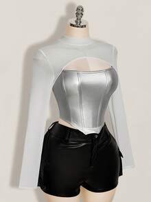 SHEIN ICON 女士加大码皮革撞色网眼黑色修身T恤，秋冬款 - 銀色 - 查看 7