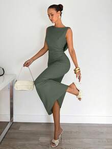 Siren Gaze Vestido con cintura plisada para mujer, vestido con escote pronunciado y espalda descubierta, vestido de oficina elegante y sexy, vestido de vacaciones, único y de moda, para oficina, elegante, sexy, vacaciones, playa, Hawái, temporada de bodas, vestido de graduación, vestido de gala formal para mujer, vestido de cóctel para mujer, cuello drapeado, vestido de cumpleaños para mujer, vestido de novia para mujer, vestido espalda descubierta - Verde - Ver 3