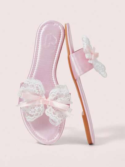 CUCCOO DOLLMOD Damskor Satin, Vår och sommar, Spetsrosettdekoration, Öppen tå, Platt botten, Söt stil, Ljusrosa platta tofflor.