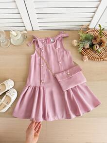 SHEIN LMoss Kids 女童纯色圆领无袖修身连衣裙 - 淺粉色 - 查看 3