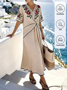 Isle Nomé Women's V-Neck Floral Print Dress, Suitable For Summer Vacation Beige Elegant Sexy - Apricot - View 5
