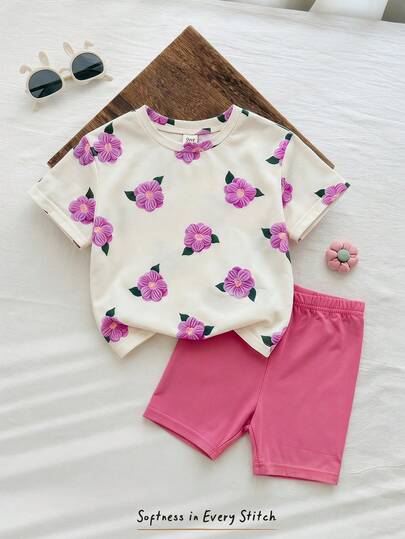 Cozy Pixies 女宝宝夏季柔软紫色针织印花两件套，休闲日常百搭，适合夏季度假、露营、姐妹/家庭亲子装、拍照等场合