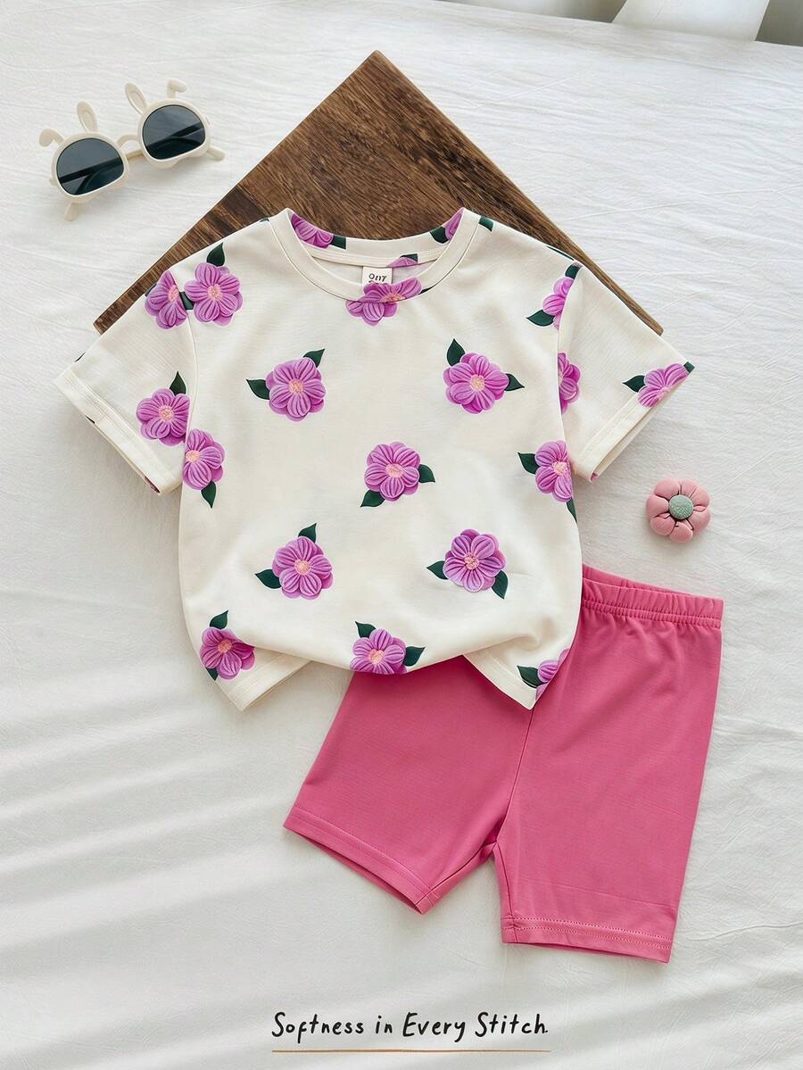 Cozy Pixies Bộ đồ hai mảnh dệt kim màu tím in họa tiết, mềm mại, thích hợp cho bé gái mùa hè, thời trang thường ngày, đa năng, phù hợp cho kỳ nghỉ hè, cắm trại, mặc đôi với chị em/gia đình, chụp ảnh. - Màu tím - Xem 1