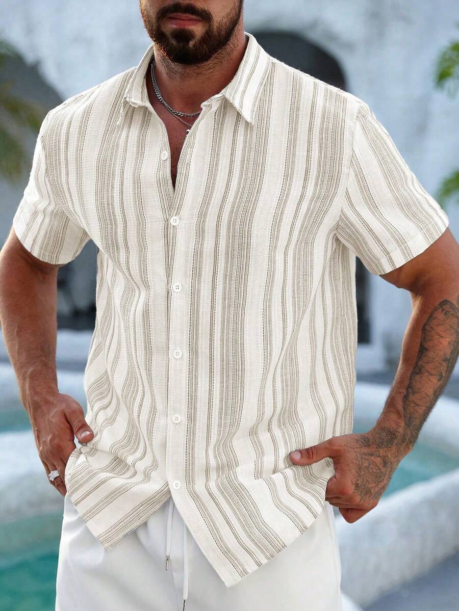 VENTUSAIL Regular Shoulder Striped Front Button Casual Summer Slim Fit Short Sleeve Shirt - Khaki - View 1