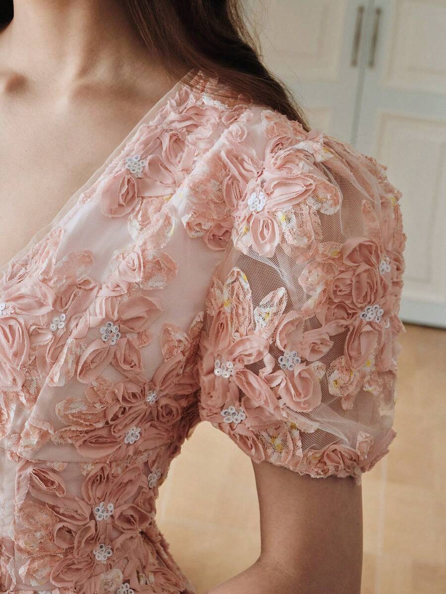 Anewsta 女士浪漫度假风V领花瓣袖高端3D立体花卉面料V领腰部收褶高端派对A字迷你连衣裙 - 粉色 - 查看 1