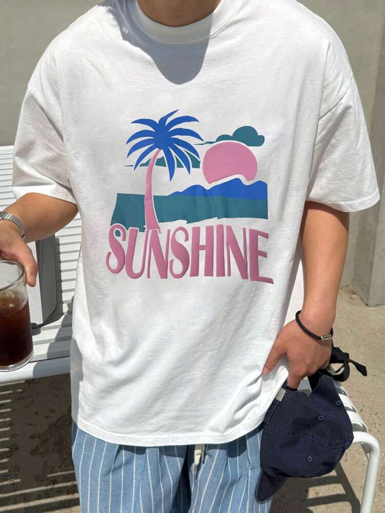 Summer Letter Graphic Print Foaming White Round Neck Men T-Shirt Vacation