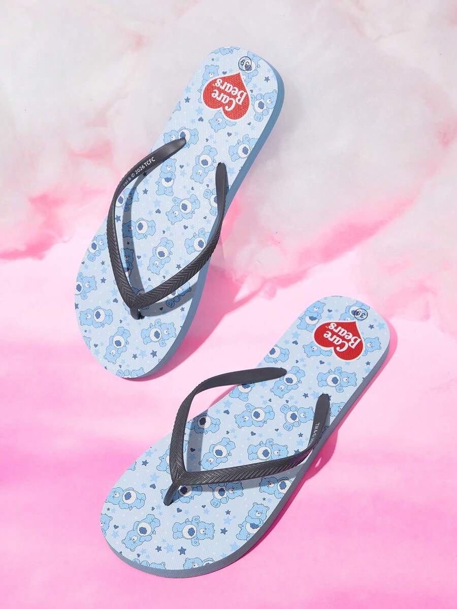 SHEIN X Care Bears 女款可愛卡通夾腳拖鞋,女款夏季穿著卡通彩虹印花防滑度假海灘涼鞋 - 冰藍色 - 查看 1