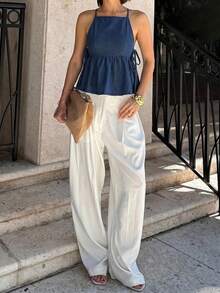 Siren Gaze Áo hai dây denim buộc dây bên hông kiểu dáng thường ngày dành cho nữ, thích hợp cho mùa hè. - Màu xanh lam - Xem 4