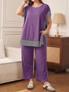 Rosumi Plus Size Striped Patchwork T-Shirt + Pants, White 2 Pieces Set Lounge Vacation Summer - Purple - View 2