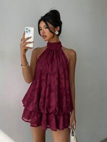 Vestido mini elegante de mujer con cuello halter y lazo en color amarillo claro - Beis - Ver 6
