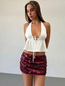Aloruh Short court rose à paillettes taille basse pour jeunes femmes pour festival de musique - Rouge foncé - Voir 7