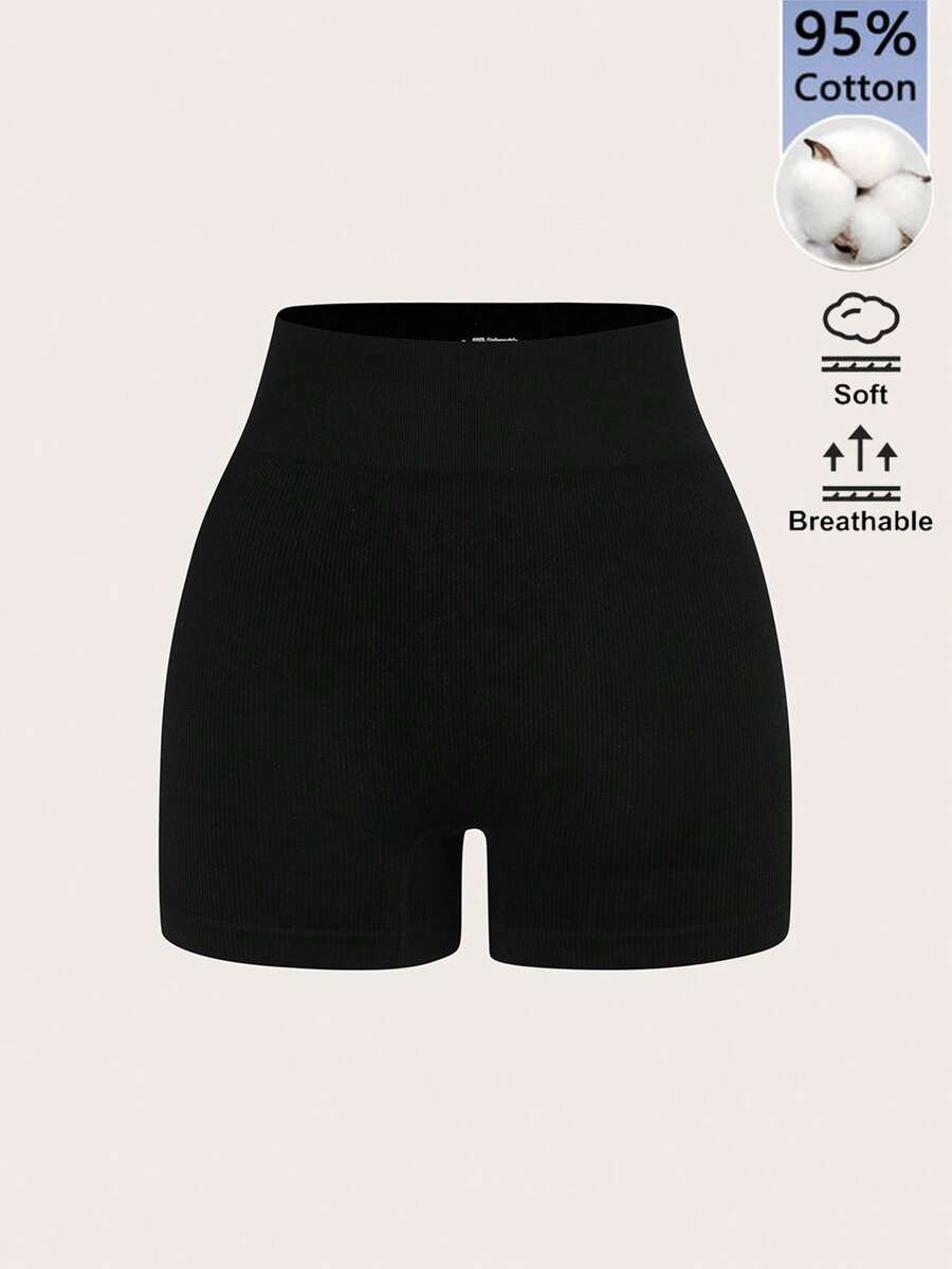 SHEIN BASICS 女款純色極簡運動休閒短褲 夏季健身房穿著 黑色 - 黑色 - 查看 1