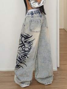 StreetHx Quần jeans nữ ống rộng, cạp chun, in họa tiết, kiểu dáng thường ngày, chất liệu denim mài, có dây rút. - Màu xanh lam - Xem 2