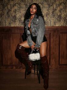 Slaydiva Plus Size Women's Rhinestone Embellished Single-Breasted Long Sleeve Denim Jacket - Grey - View 3