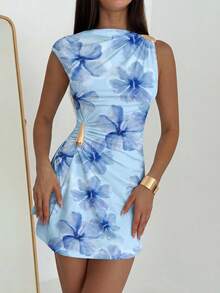 Vestido de Mujer con Mangas Tipo Paraguas y Volantes con Decoración Metálica - Celeste 2 - Ver 7