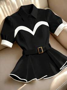 Franclia Women's Contrast Color Trim Waist Belt Elegant Short Sleeve Blouse, Spring/Summer - Black - View 1