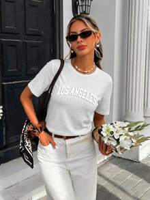 SHEIN Frenchy Áo thun nữ tay ngắn cổ tròn dáng ôm thoải mái, thích hợp cho mùa hè. - trắng - Xem 4