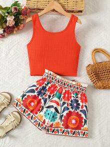 SHEIN Tween Girl Solid Color Notch V-Neck Tank Top And Floral Print Shorts Set - Multicolor - View 2