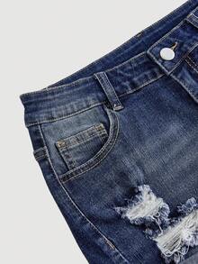 SHEIN Girlism Teen Girls Y2k Casual Vintage Cool Street Confortable -Cut Elements Denim Shorts For Dai - Dark Wash - View 3