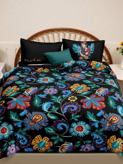 Frida Kahlo X SHEIN 3-Piece Black Colorful Flower Decoration Quilt Set, Character Pattern, Smooth, Soft And Warm Material, Multi-Size Suitable For Single Bed/Double Bed/Queen Bed/King Bed, Gift Creativity, Party, Festival, Retro Bedding