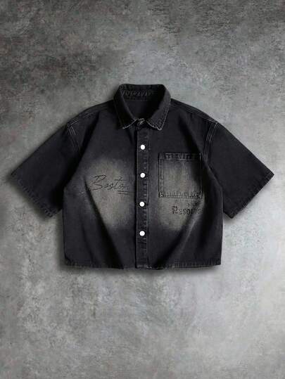 AXEPEAK Men's Washed Printed Jacket, Fashionable Lapel Stylish Short Sleeve Casual Outerwear