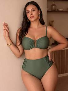 Swim Chiccia Bộ đồ bơi 2 mảnh thanh lịch cho kỳ nghỉ hè 2026, chất liệu vải dệt họa tiết, màu trơn, xếp ly bên hông, cổ chữ V sâu, kiểu dáng tối giản, thích hợp cho mùa xuân/hè, đồ bơi cỡ lớn. - màu xanh lá - Xem 5