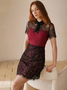MOTF PREMIUM WOMEN'S BLACK & RED CONTRAST LACE WAIST CINCHED CROP SHORT SLEEVE MINI DRESS - Burgundy - View 6