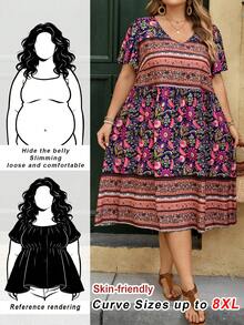 SHEIN CURVE+ Plus Size Printed Casual Vacation Dress Bohemian Autumn Women's Plus Size Vacation Dress - Multicolor - View 2