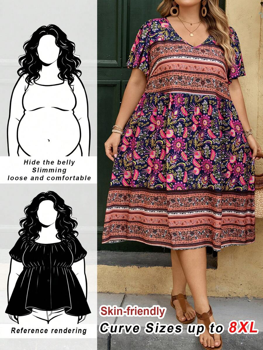 SHEIN CURVE+ Plus Size Printed Casual Vacation Dress Bohemian Autumn Women's Plus Size Vacation Dress