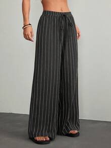 SHEIN PETITE Pantalones casuales sueltos de pierna recta con cordón y rayas para mujeres, para mujeres de talla pequeña - Gris Oscuro - Ver 6