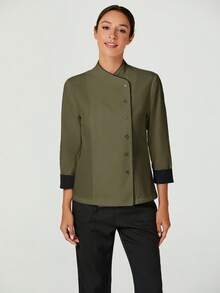TaskEZ Women's Contrast Color Button-Up Collar Long Sleeve Work Uniform Chef Jacket In 3- 4th Sleeve For Women - Army Green - View 5