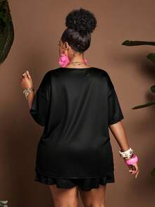 Maweii Damen Große Größen Set mit digitalem Blume Muster, Rundhalsausschnitt, Kurzarm, Crop-Top - Schwarz - Übersicht 2