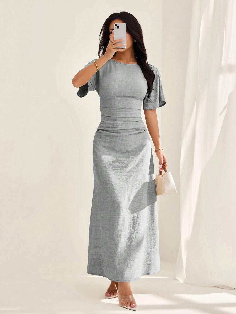 SHEIN PETITE Women's Summer Solid Color Linen Blend Casual Elegant Dress,,Summer Dresses For Women - Grey - View 1