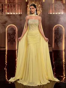 Aureia Elegant Luxurious Sequin Diamond Strapless Mermaid Patchwork Elastic Knit Maxi Dress For Weddings,Events,Parties,Vacations,Galas,Formal Occasions - Light Yellow - View 8