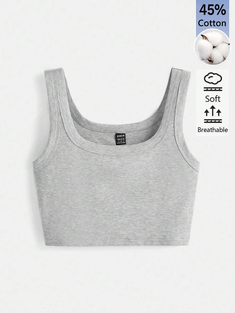 SHEIN BASICS 女款素色時尚百搭圓領短版休閒背心上衣夏季服飾 - 灰色 - 查看 1