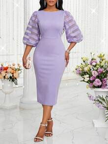SHEIN Lady Đầm midi tay cánh hoa bằng vải lưới thanh lịch dành cho nữ, thích hợp cho mùa hè. - Màu tím - Xem 3